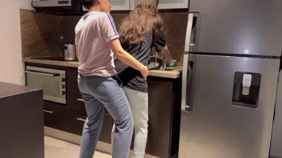 Wife fucked hard with tongue while washing dishes in the kitchen, getting her to cum before her stepmom gets home.